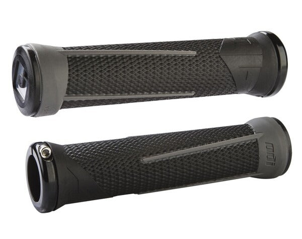 ODI AG1 V2.1 Lock-On Grips - Black/Graphite shown from multiple angles, featuring textured grips and metal rings.